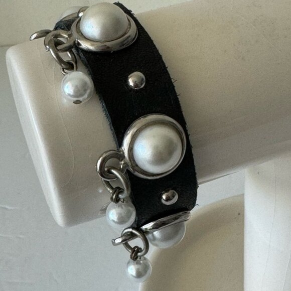 LEATHER ROCK Jewelry - LEATHERROCK Bracelet LR Leather Genuine Leather W Faux Pearl Embellishment Black